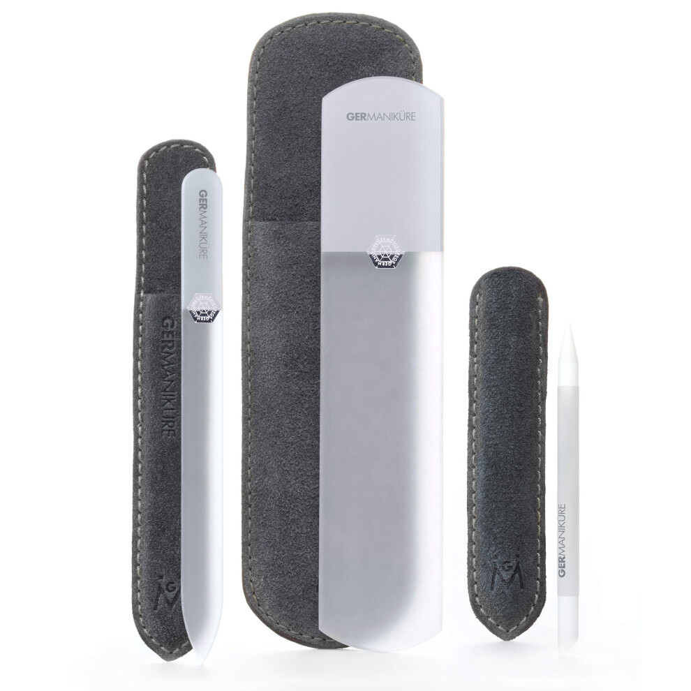 Germanikure Glass Nail File Set In Fitted Cases- Ethically Made In Czech Republic - Professional Permanently Etched Fingernail File Small Travel File