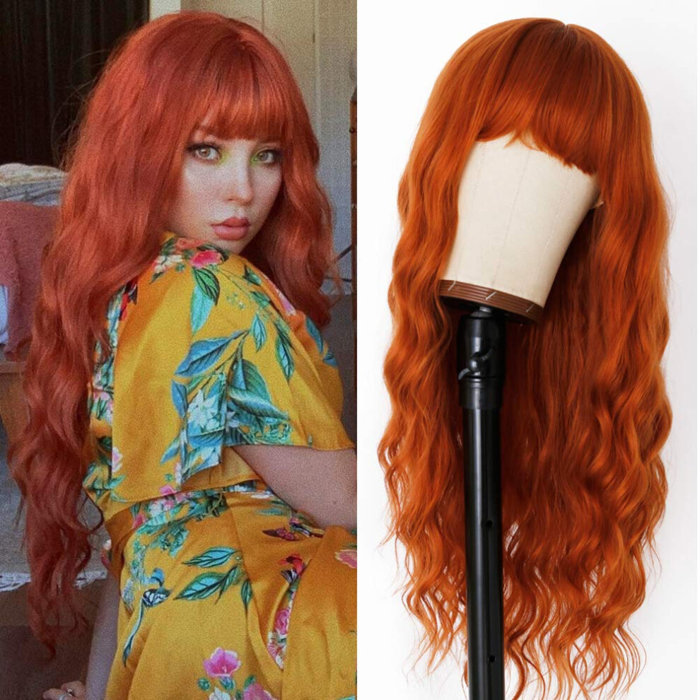 Evlynn Unisex Orange,Red Ginger Wig With Bangs Orange Long Wavy Wigs For Women Ginger Curly Heat Resistant Synthetic 26 Inches Loose Wave Red Orange Wig For Daily Party