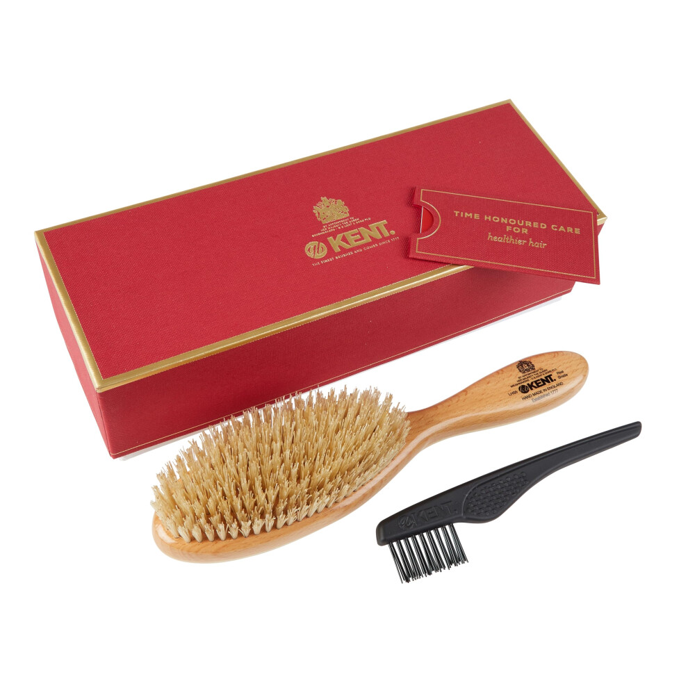 Kent LHS5 Satinwood Wire-Laid Pure White Boar Bristle Oval Hair Brush in a Silk Lined Presentation Case for Daily Grooming Medium To Long Thick Hair a