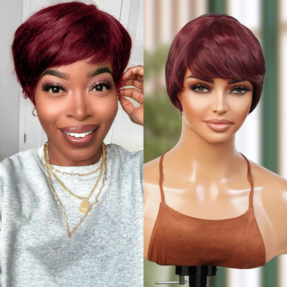 Instant Fab Unisex Black Short Human Hair Wigs Pixie Cut Wigs For Women Short Pixie Hairstyles Layered Wavy Non Lace Front Wigs - Jet (99J)