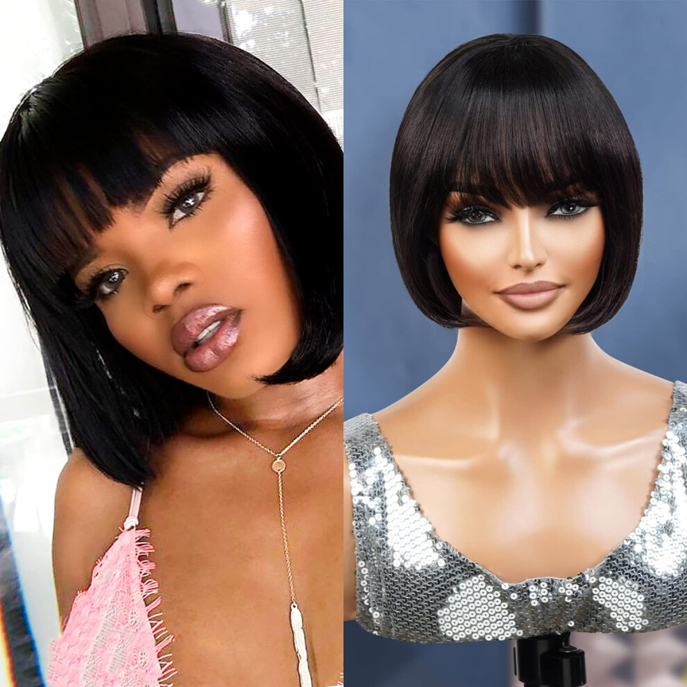 Sofort Fab Unisex Black Instant Fab Short Human Hair Wigs Pixie Cut Wigs With Bangs For Women Short Wedge Pixie Hairstyles Wig Layered Non Lace Front Wigs - Tourmaline