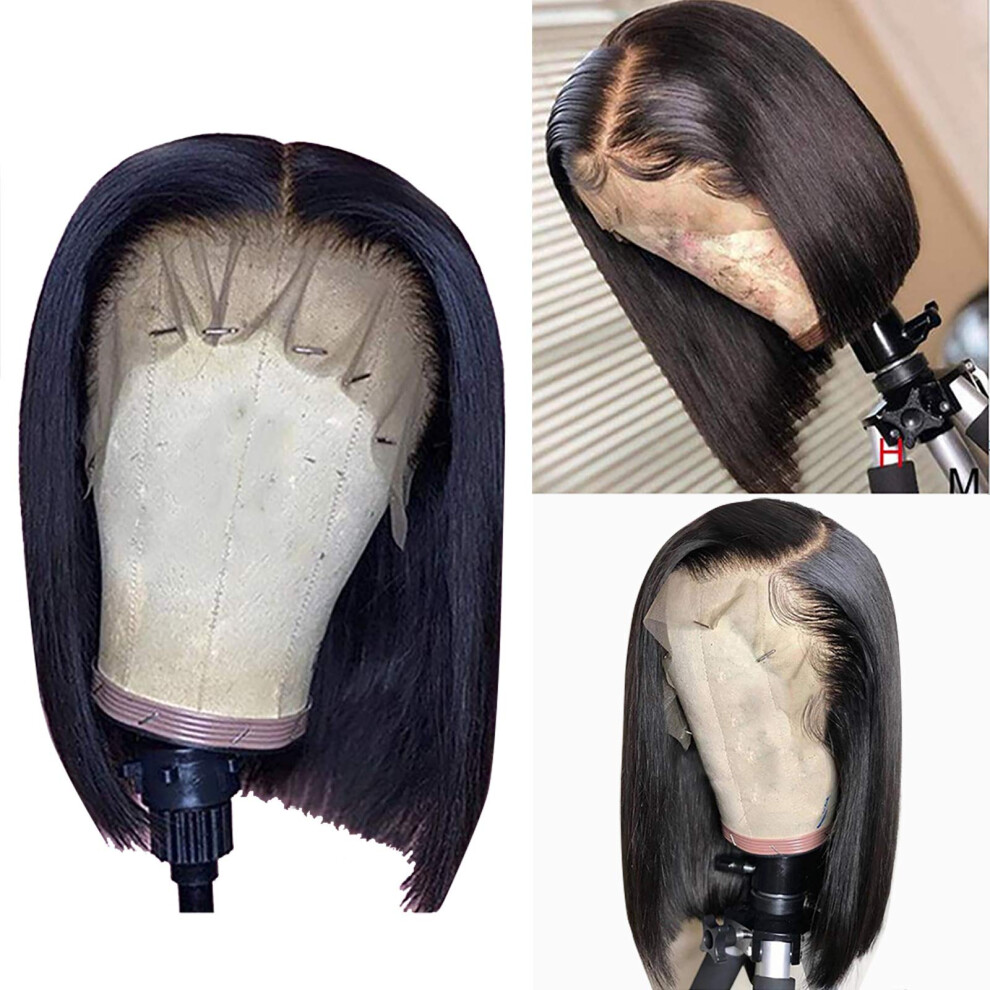 Superlook Unisex Black Straight Lace Front Wigs Human Hair Bob Wigs For Women 13X4 Lace Front Bob Wigs Human Hair Wigs Pre Plucked Hairline 200% Density 14In