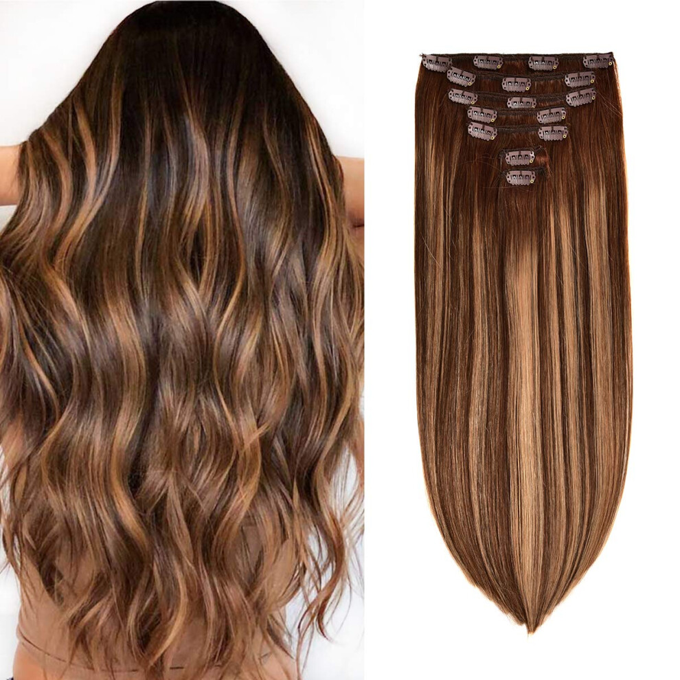 Luckyaisha Clip In Hair Extensions Real Human Hair 120G 7Pcs Human Hair Clip In Extensions 18 Inch Chocolate Brown Mixed Caramel Blonde #4/27/4 Thickened Straigh