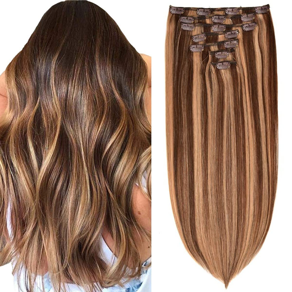 Luckyaisha Clip In Hair Extensions Real Human Hair 120G 7Pcs Human Hair Clip In Extensions 16 Inch Chocolate Brown To Light Blonde #4/27 Thickened Straight Real