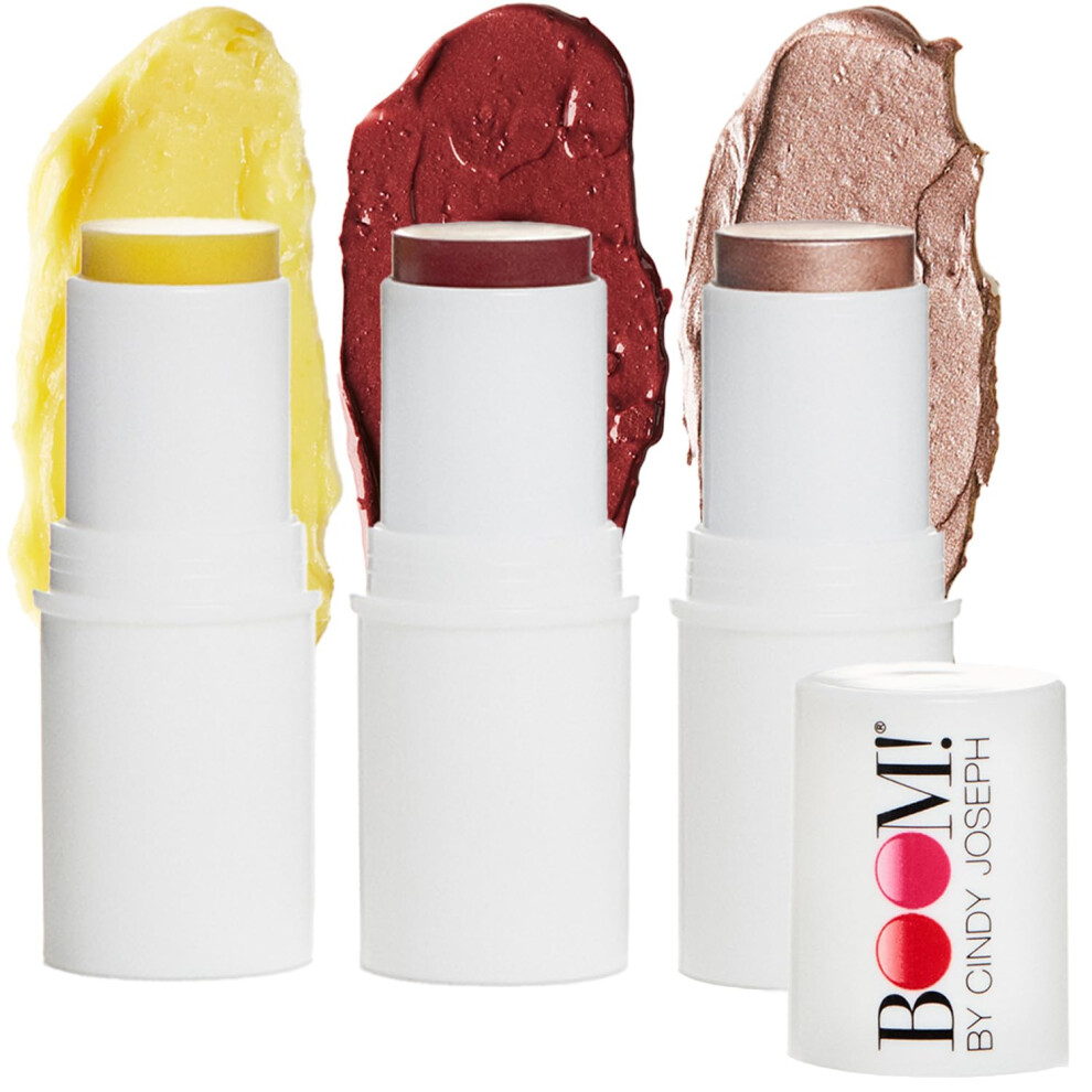 BOOM! by Cindy Joseph Boomstick Trio - 3 Pack Boom Makeup Sticks - Blush Stick in Berry  Highlighter Stick & Moisturizer Stick - Multi-Use Vegan Makeu