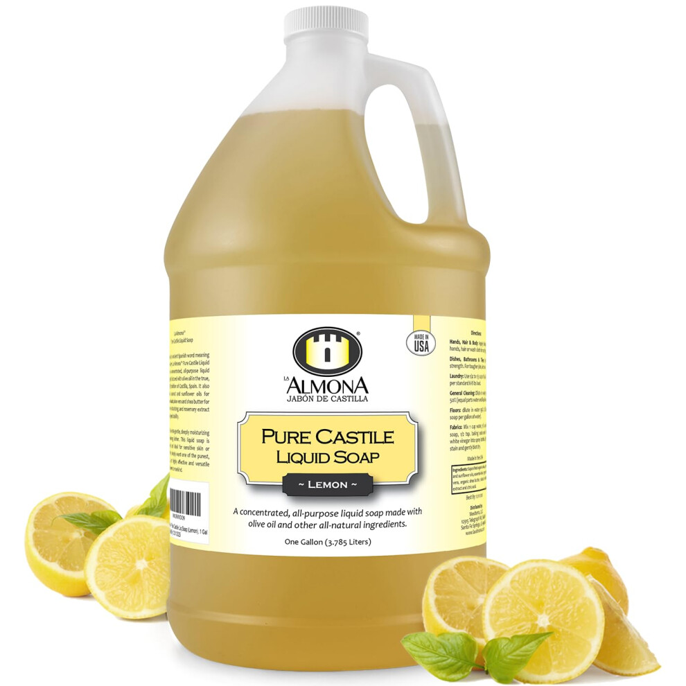 La Almona - Pure Castile Liquid Soap, Lemon, 1 Gallon - Multipurpose: Hands, Face, Body, Laundry, Dishes & More - For Sensitive Skin, All-Natural Ingr