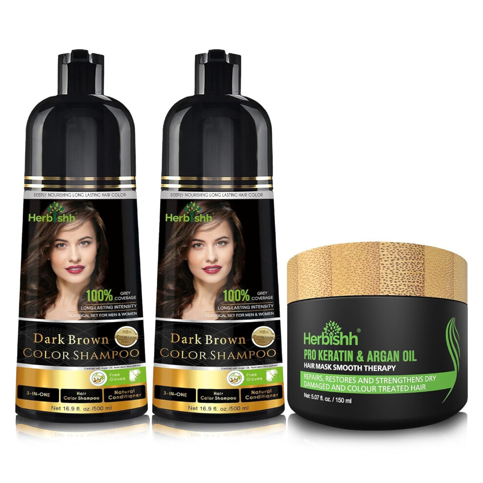 Herbishh Gray Combo Pack-2Pcs Hair Color Shampoo For Hair+ 1Pc Argan Intense Hair Mask- Hair Dye Shampoo - Colors Hair In Minutes - Long-Lasting Color