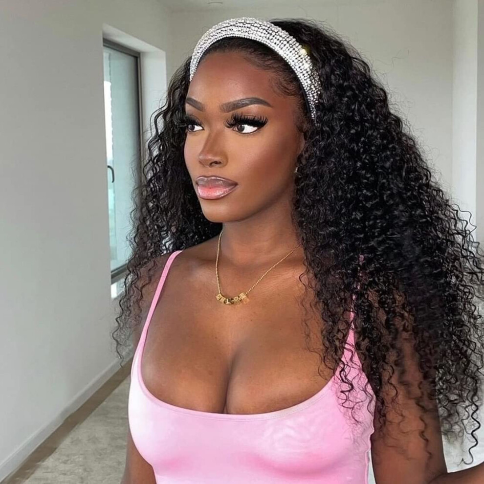 Aiterina Headband Wig Human Hair Deep Wave Headband Wigs For Black Women 24 Inch Glueless Headband Wig Brazilian Virgin Hair None Lace Front Wigs Mach