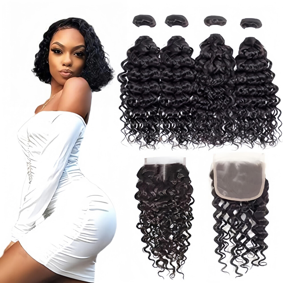 Risbaer Foruiya Water Wave 4Bundles(50G/Bundle) With 4X4 Lace Closure Brazilian Wet And Wavy Curly Bundles With Closure Deep Curly Wave With Lace Closure(16/1