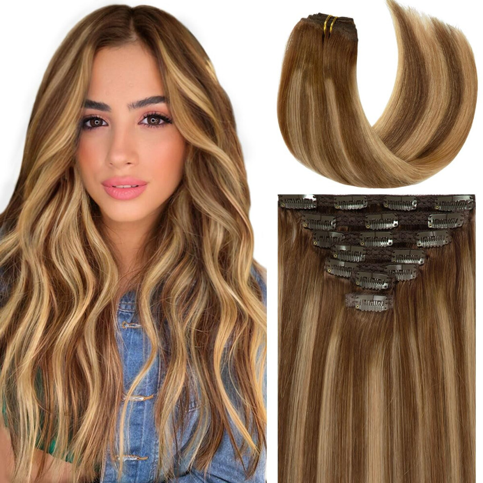 Caliee Clip In Hair Extensions Chocolate Brown #4 And Caramel Brown #27 With Chocolate Brown #4 Roots Thick Remy Human Natural Hair 140G Lace Clip In