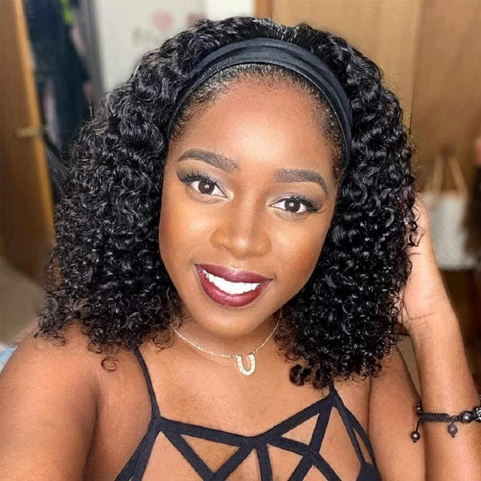 Rebasar Deep Wave Headband Wig Human Hair Curly Headband Wigs For Black Women Human Hair Glueless None Lace Front Wig 14 Inch Brazilian Virgin Hair We