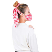 LOFBAZ Women's Hair Scrunchies with Buttons For Face Mask Ear Savers Protection Scrunchie Long Bow Ties Ponytail Accessories Plaid Red #2 OS
