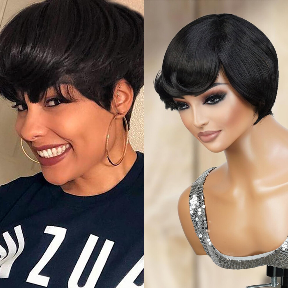 Sofort Fab Unisex Black Instant Fab Short Human Hair Wigs Pixie Cut Wigs For Women Short Pixie Hairstyles Short Cut Bob Cut Wig With Side Bang Non Lace Front Wigs - Cry