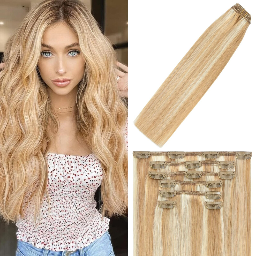 Windtouch Unisex Brown Clip In Hair Extensions Human Hair Balayage Golden To Blonde 70G 22Inch Human Hair Extensions 7Pcs #27P613