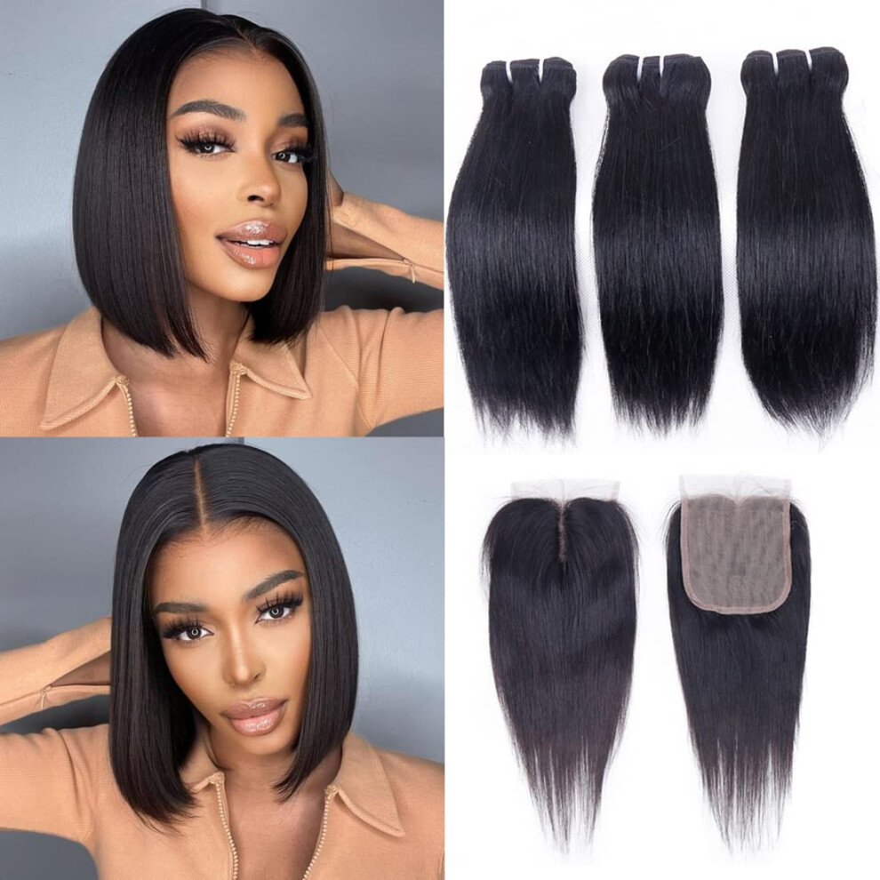 Fq Unisex Not,Specified Brazilian Straight Human Hair Bundles With Closure(10 10 10+10) Straight 3 Bundles With Closure 50G/Bundle 10A Unprocessed Straight Virgin Short Bob H