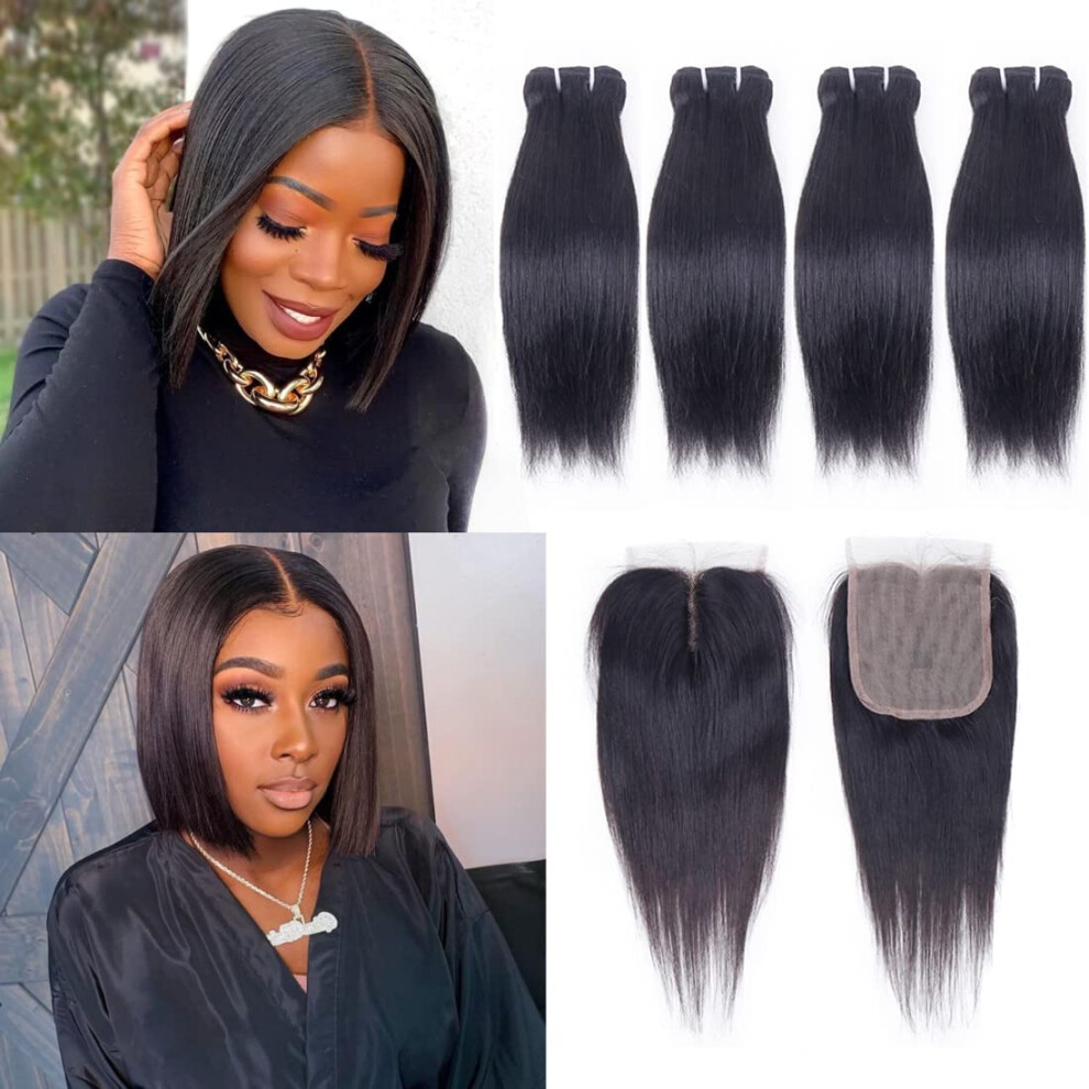 Fq Unisex Not,Specified Brazilian Straight Hair Bundles With T Part Closure(10 10 10 10+10) Straight Human 4 Bundles With Closure 50G/Pc 10A Unprocessed Straight Short Bob Vi