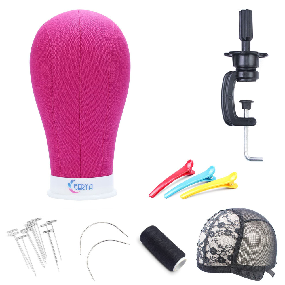 Eerya Wig Head Canvas Block Head 23 Inch Wig Head Stand For Making Wig Display Styling Rosy Poly Canvas Block Wig Head With Stand Mannequin Head With