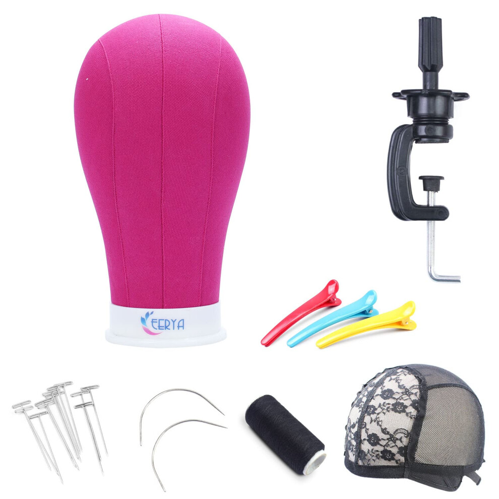 Eerya Wig Head Canvas Block Head 22 Inch Wig Head Stand For Making Wig Display Styling Rosy Poly Canvas Block Wig Head With Stand Mannequin Head With