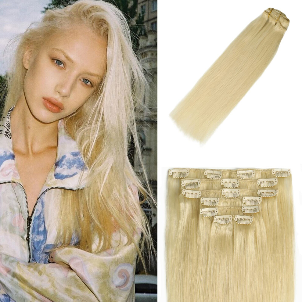 Windtouch Unisex Silver Clip In Hair Extensions Human Hair Platinum Blonde Hair Extensions Remy Hair Extensions 18Inch 70G #60 7Pcs