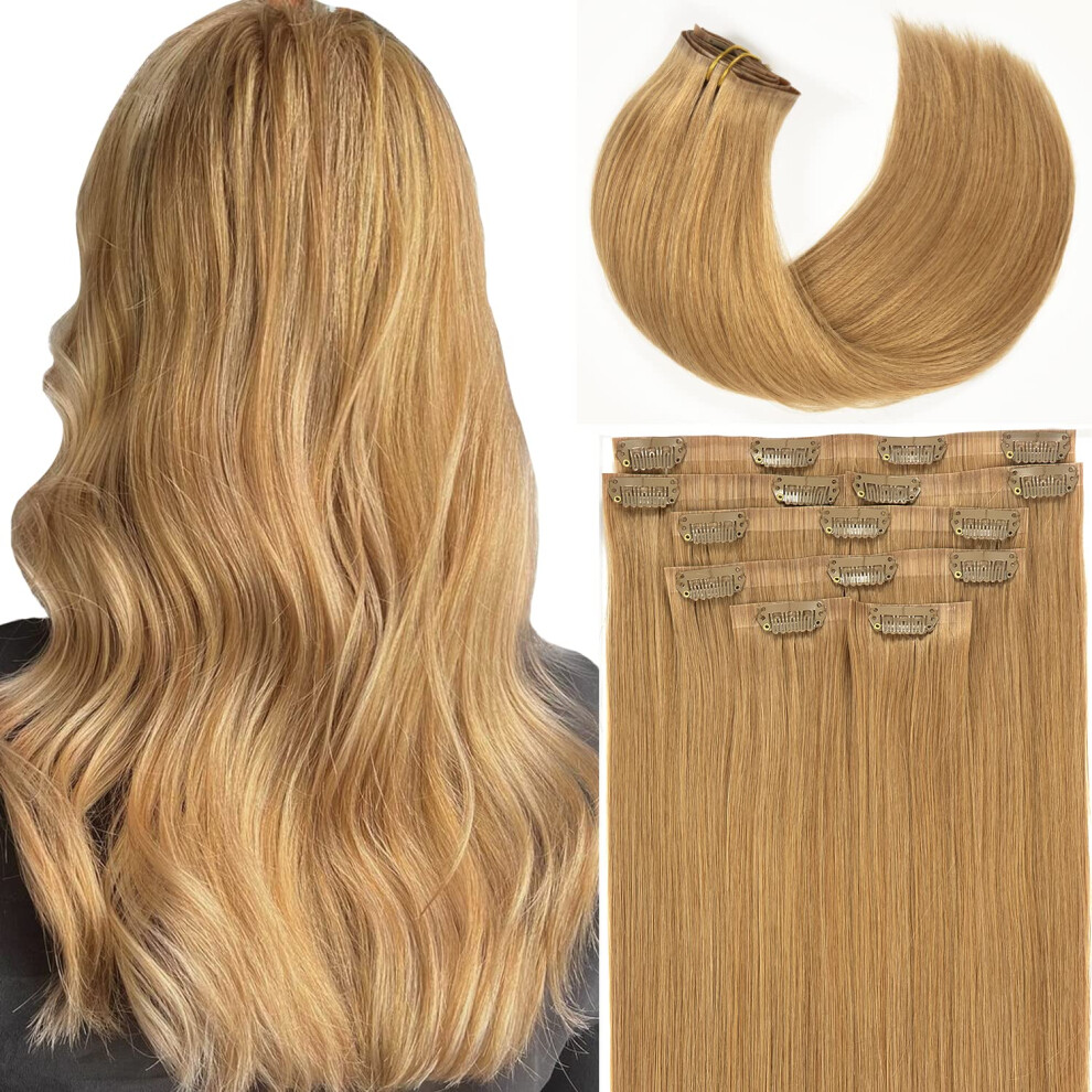 Snï¿½L Unisex Brown Lacer Hair 20 Inch Glam Seamless Hair Extensions Clip In Human Hair With Invisible Thin Pu Skin Weft Remy Natural Hair Extensions #27 Caramel Blonde F