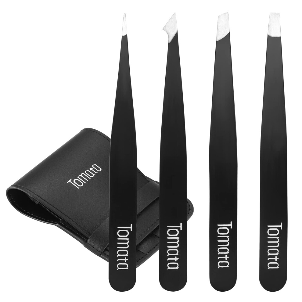 Tomaatti Tomata Tweezers For Eyebrows 4-Piece Slant Tip And Pointed Eyebrow Tweezer Set Great Precision For Eyebrows Facial Hair Ingrown Hair Splinter Blac