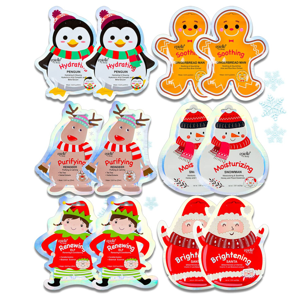 Epielle Christmas Holiday Character Sheet Mask Assortments Santa Reindeer Snowman Elf Gingerbread Penguin| Stocking Stuffers Christmas Gift Ide