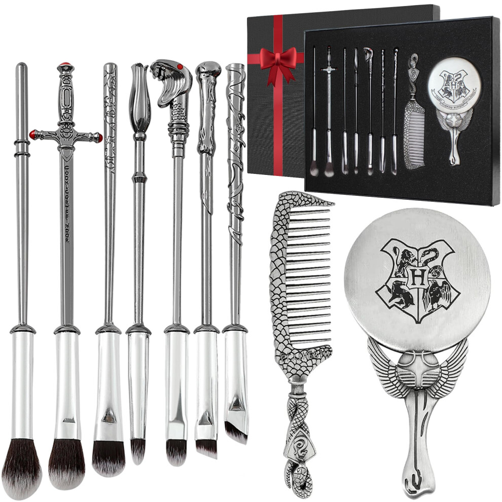 Hamowtux Potter Makeup Brushes Harry Gifts Comb Mirror With Gift Box For Eyeshadow Eyebrows Eyeliner Lips Concealer Contouring Highlighter Blending Wizard Wand