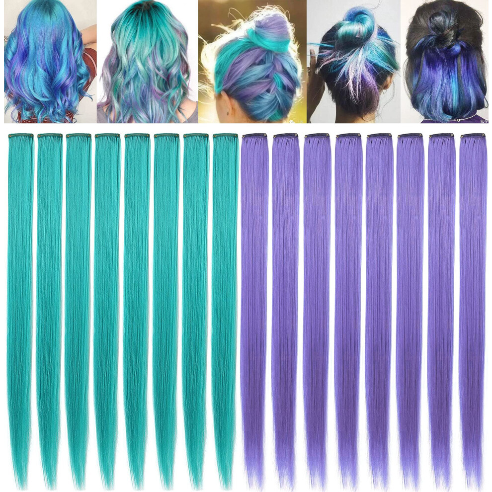FAIRY COLOR 21 Inch Colored Party Highlights Straight Hair Clip Extensions Heat-Resistant Synthetic Hair Extensions in Multiple Colors 10PCS(Teal+Lave