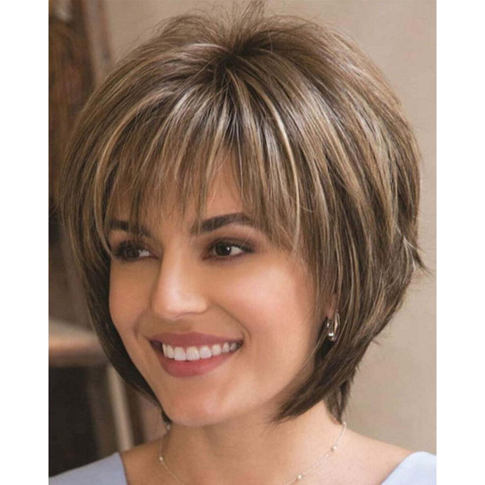 Jolnvca Unisex White,Brown Pixie Cut Layered Short Brown Wigs With Bangs Straight Synthetic Hair Wigs For White Women (Blonde Mixed Brown)
