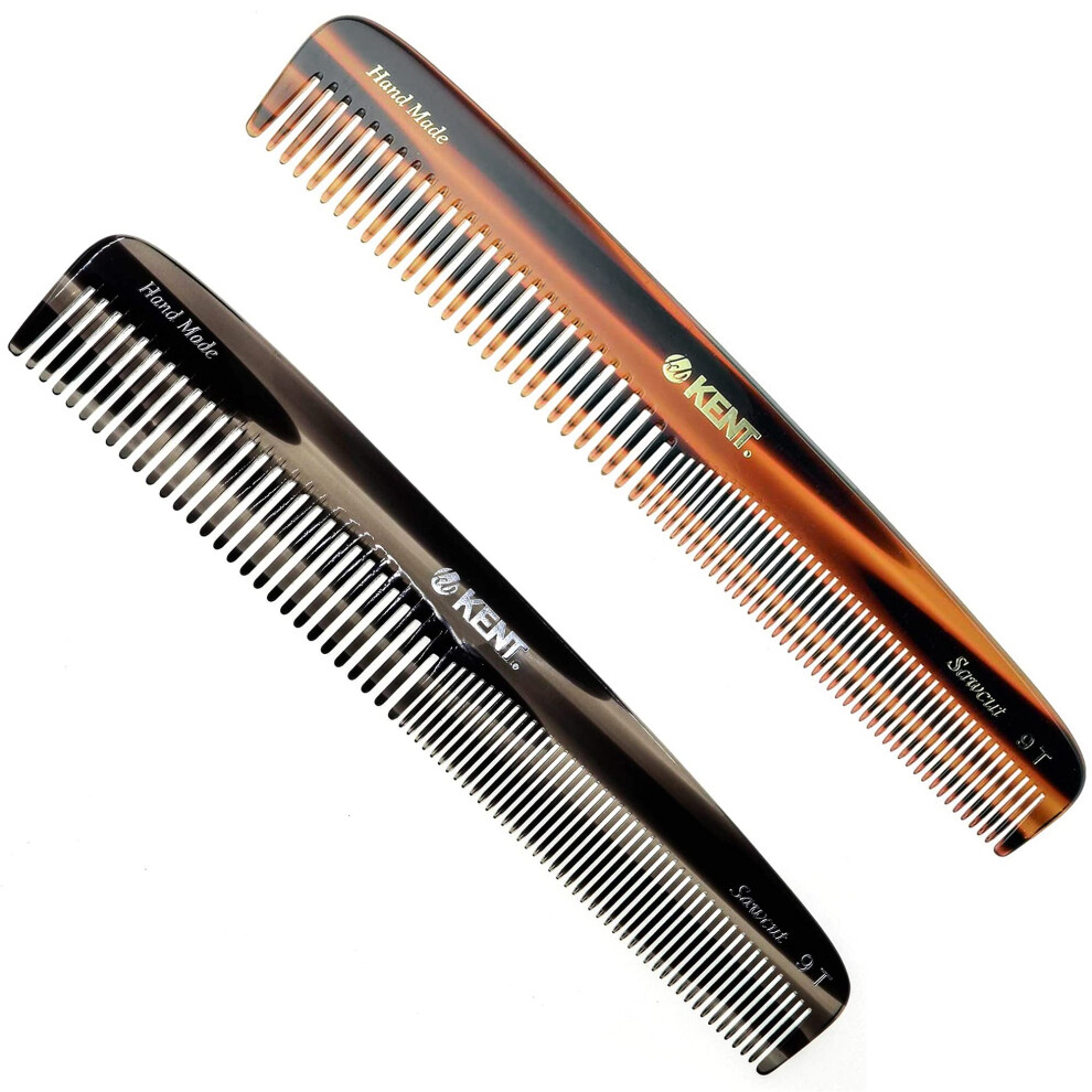 Kent 9T Double Tooth Dressing Table Comb Tortoise Fine And Wide Tooth Coarse/Fine Dresser Comb For Hair Beard Mustache Styling Grooming - For Men