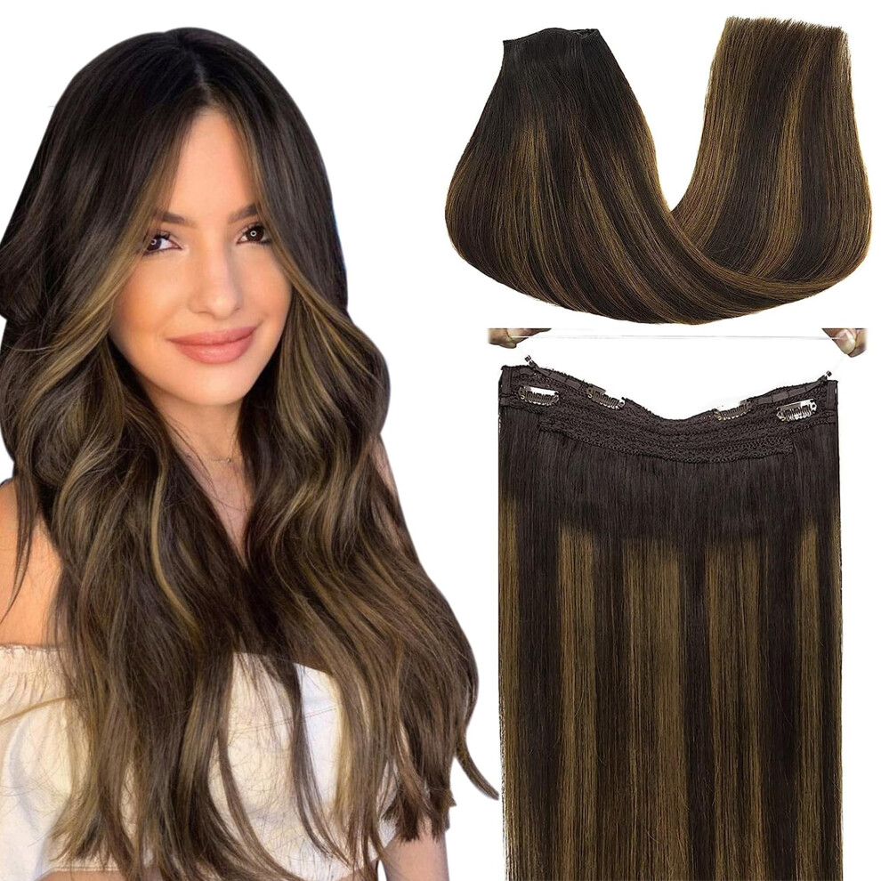 Goo Goo Unisex Brown Wire Hair Extensions Human Hair 2/6/2 Dark With Chestnut Balayage 20Inch 110G Invisible Wire Hair Extensions With Transparent S