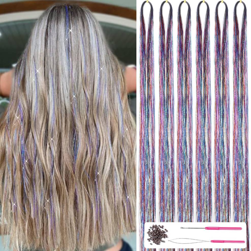 Missuhui Rainbow Fairy Hair Tinsel Kit With Tools 47 Inch 1200 Strands Glitter Tinsel Hair Extensions Sparkling Shiny Hair Tinsel Strands Kit Heat Res