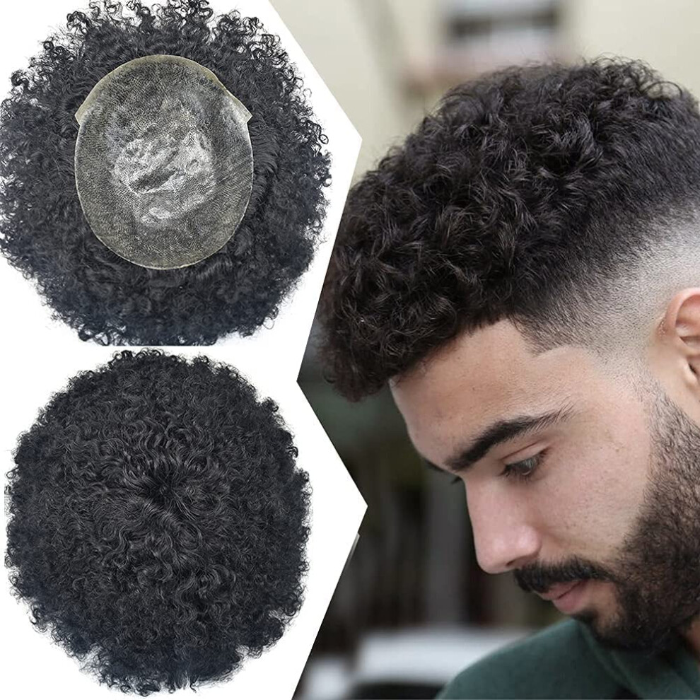 Afro Toupee For Black Men Afro Wavy Kinky Curly African American Men Human HairPieces Replacement SystemsThin Skin Male Prothesis Wig Black Hair Units