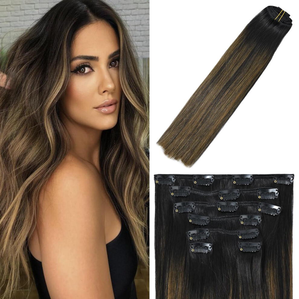 Windtouch Unisex Black,Brown Clip In Hair Extensions Human Hair Balayage Natural Black To Chestnut Brown Highlights For Black Hair 15Inch 70G #1Bt6p1b 7Pcs