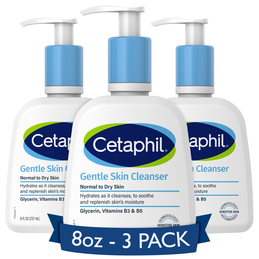 Cetaphil Face Wash  Hydrating Gentle Skin Cleanser for Dry to Normal Sensitive Skin  NEW 8 oz 3 Pack  Fragrance Free  Soap Free and Non-Foaming