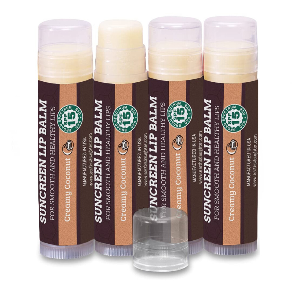 Jordens Datter Spf Lip Balm 4-Pack By Earth's Daughter - Lip Sunscreen Spf 15 Organic Ingredients Coconut Flavor Beeswax Coconut Oil Vitamin E - Hypoallergenic