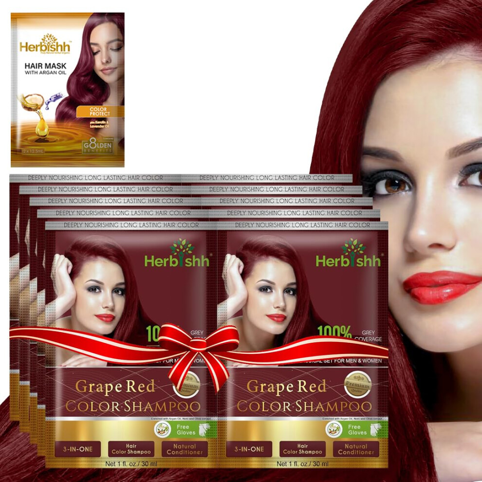 Herbishh Red Argan Hair Mask Shampoo - Natural Hair Dye For Gray Hair - Long-Lasting Color In Minutes - Travel Size - Ammonia-Free - 10+1 Pack (Grape )