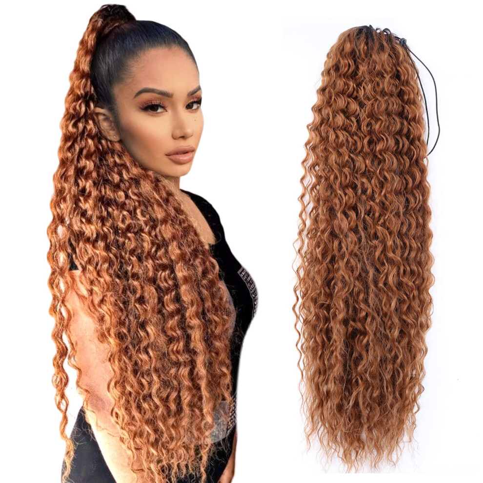 Lace Plus 32 Inch Long Curly Ponytail Hair Extension Ombre Brown Curly Heat Resistant Synthetic Instant Clip Drawstring Ponytail Clip In Hair Extensio