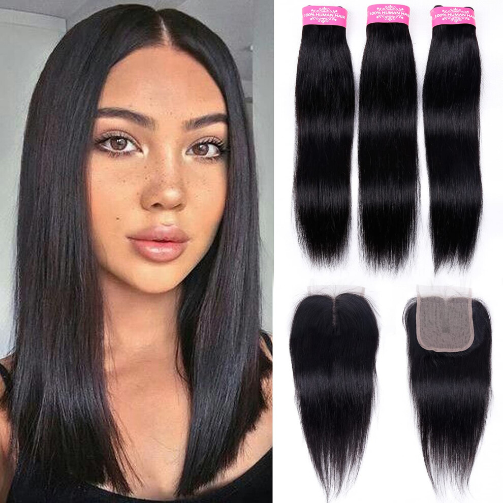 Faq Unisex Straight Human Hair Bundles With Closure(12 14 16+10) Brazilian Virgin Human Hair Bundles With Middle Part Closure 10A Straight 3 Bundles With 4X4x1 L