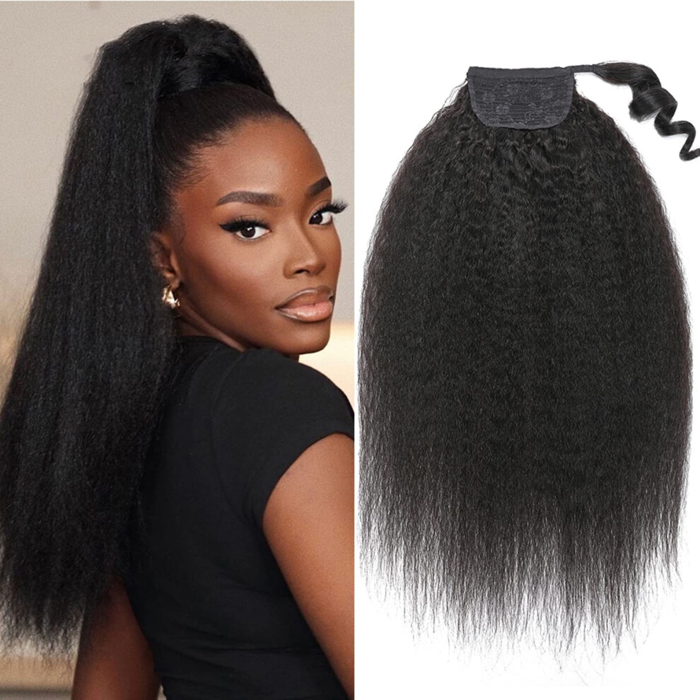 Seelaak 24Inch Long Yaki Straight Human Hair Wrap Around Kinky Straight Ponytail Hair Piece With Clips Magic Paste Binding Pony Tail Hairpiece For Bla