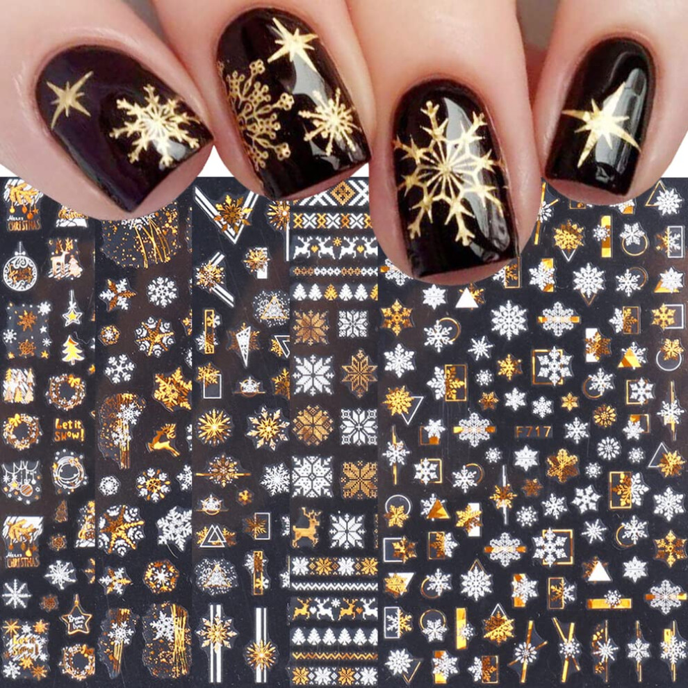 Qdsuh Gold/White Christmas Nail Stickers 3D Metal Snowflake Nail Decals Snowflake Elk Snowman Santa Claus Tree Christmas Bell Xmas Winter Nail Art Design F