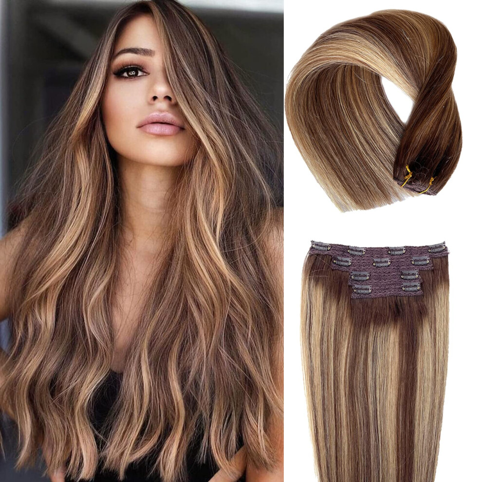 Lot de 4 extensions de cheveux    clipser, 100 g, cheveux humains Remy, brun ombr   avec m  ches blondes, dentelle sans couture, 45,7 cm