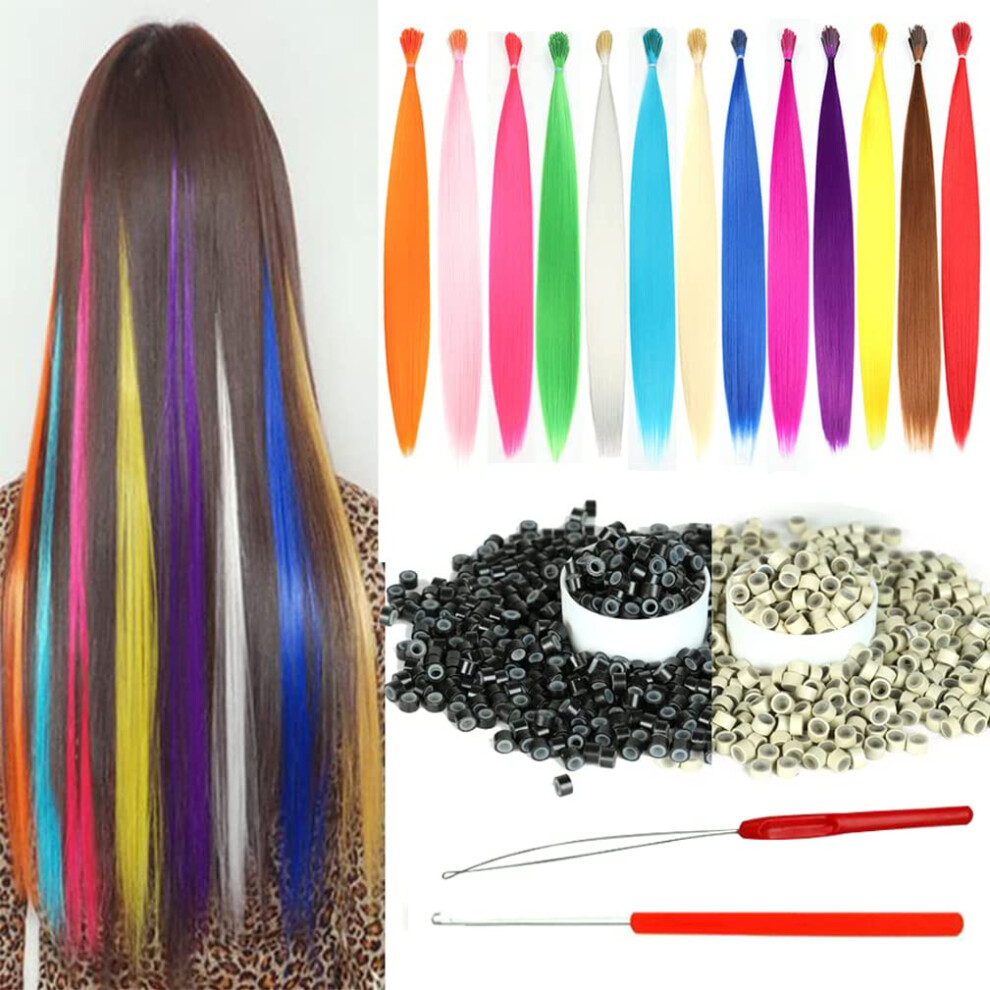 Yudaohair Synthetic Colored Hair Extensions For Women 20 Inch Hairpieces With 100Pcs Silicone Micro Link Beads And 2 Crochet Hooks (20'' 13 Colored H