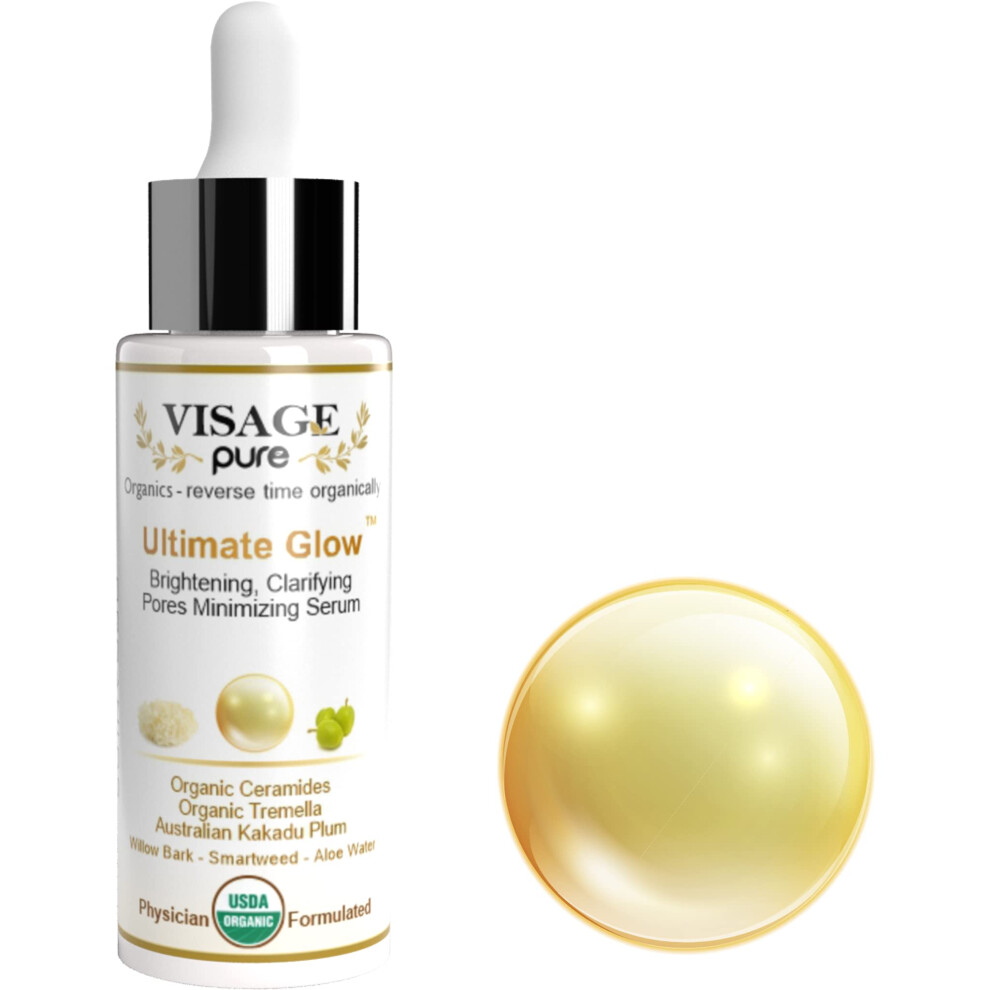 Visage Pure Ultimate Glow - Brightening  Clarifying  Hydrating and Pores Minimizing Face Serum - High Concentration Organic Vitamin C  Phyto-Ceramides