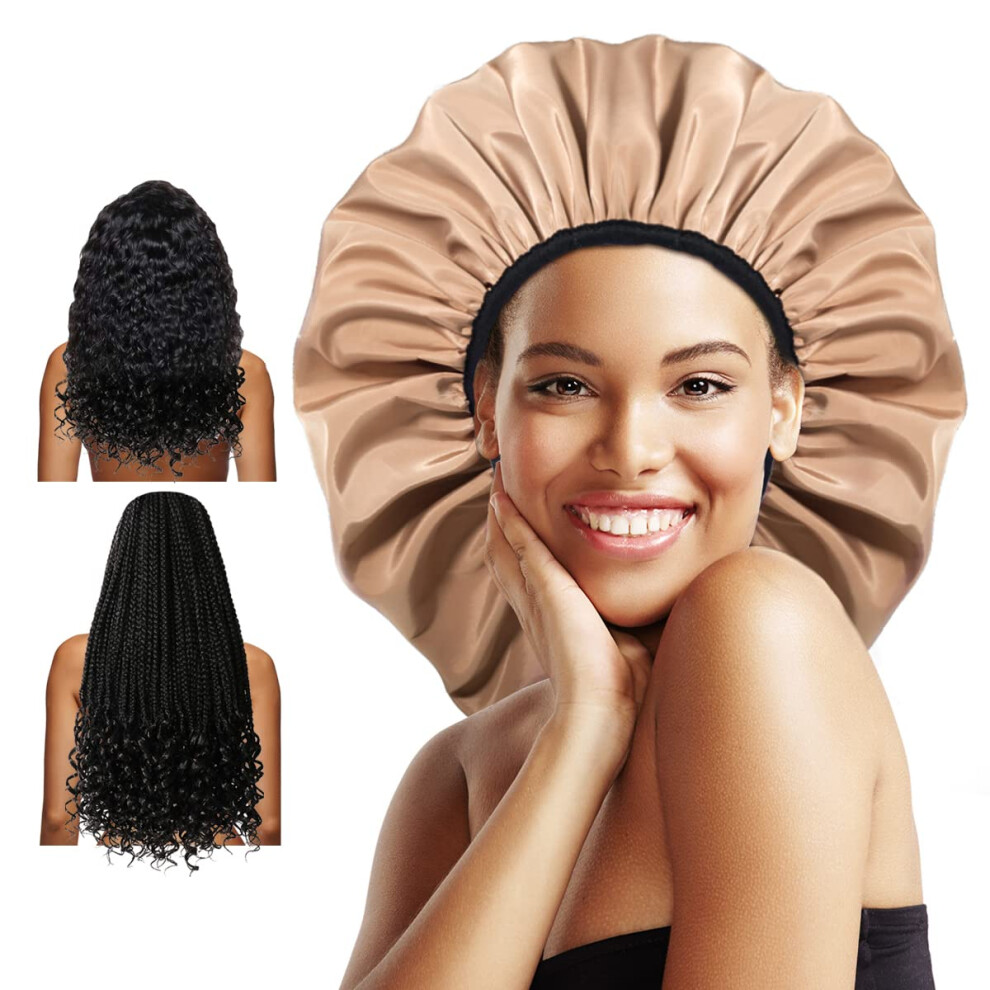 Auban Extra Large Shower Cap For Braids Double-Layer Waterproof Reusable Satin Lining Xl Shower Cap For Women Long Hair Locs Perms (Khaki)
