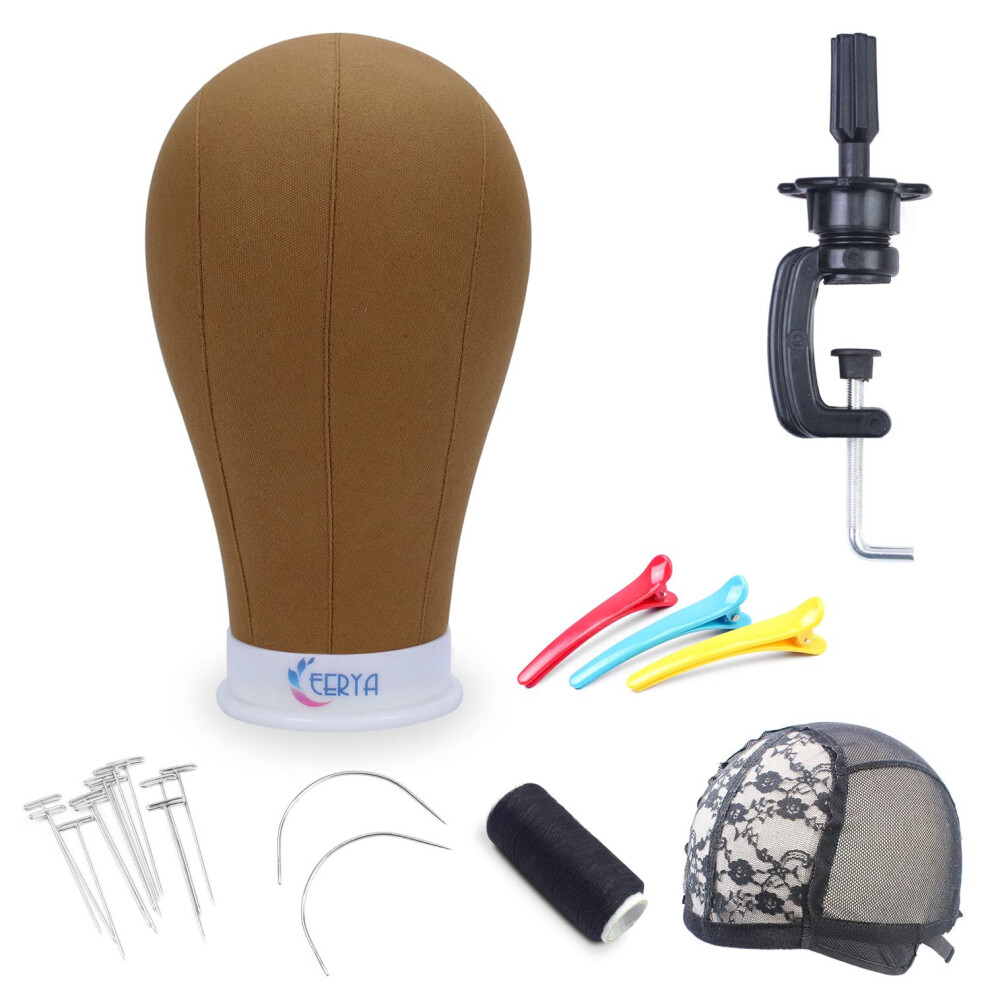 EERYA Wig Head Canvas Block Head 21 Inch Wig Head Stand for Making Wig Display Styling Brown Poly Canvas Block Wig Head with Stand Mannequin Head with