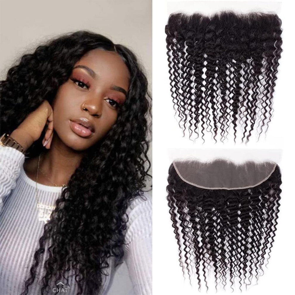 Kongeligt Indtryk Unisex Deep Wave 13X4 Ear To Ear Lace Frontal Closure 100% Unprocessed Brazilian Virgin Human Hair Lace Frontal Closure Bleached Knots 180% Density Pre Pluck