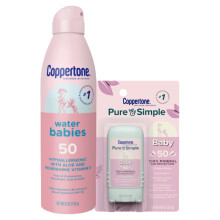 Coppertone WaterBabies Solcreme Spray SPF 50 Baby Solcreme Spray p? 6 Oz og Pure Simple Stick 50 0,49 Bundle