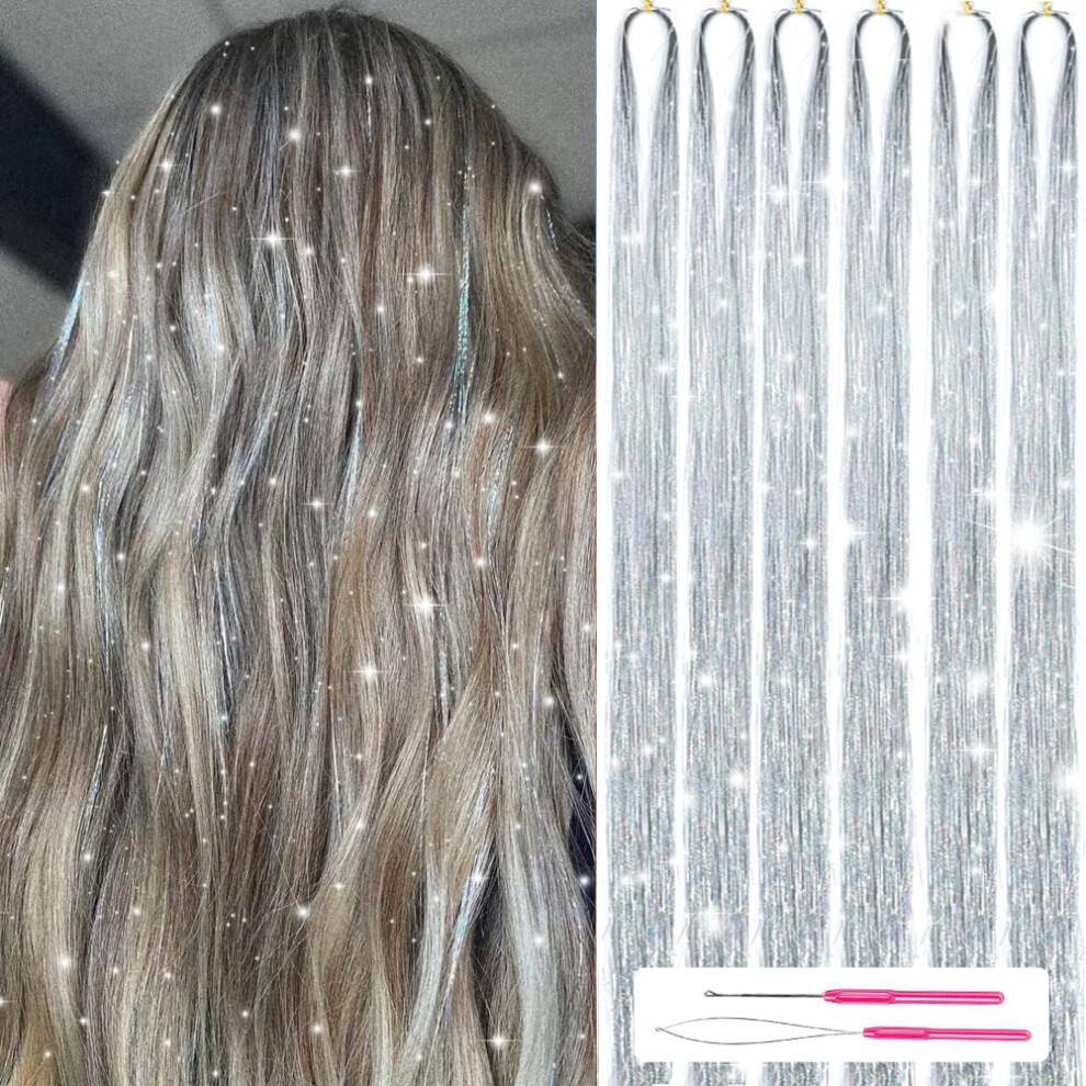 Missuhui Unisex Not,Specified Hair Tinsel Kit With Tools 47Inch 1200 Strands Glitter Tinsel Hair Extensions Sparkling Shiny Hair Tinsel Strands Kit Heat Resistant For Women Girls 6