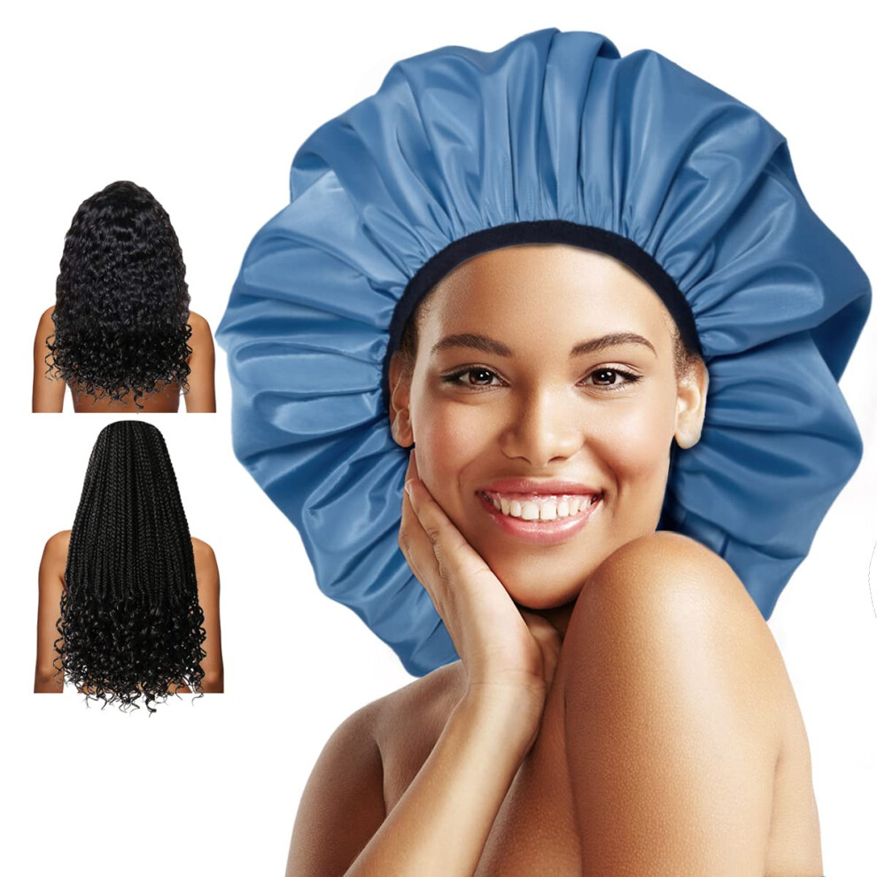 Auban Extra Large Shower Cap Double-Layer Waterproof Reusable Satin Lining Xl Shower Bonnet For Women Long Hair Braids Locs Perms